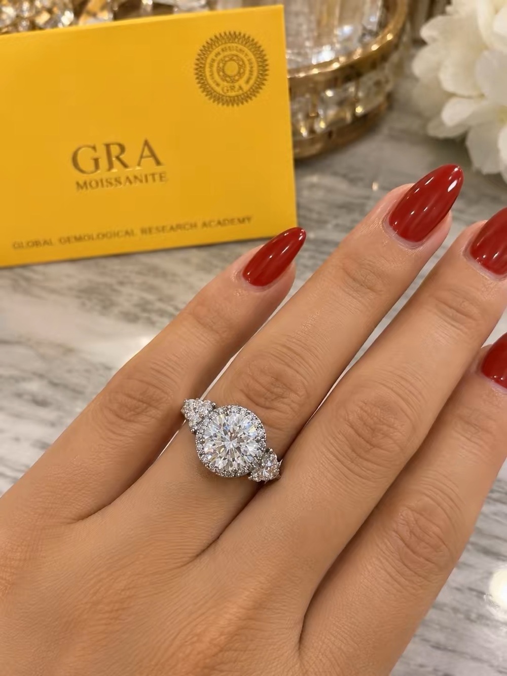 14k Gold plated Moissanite Heart & Halo Silver Ring - White